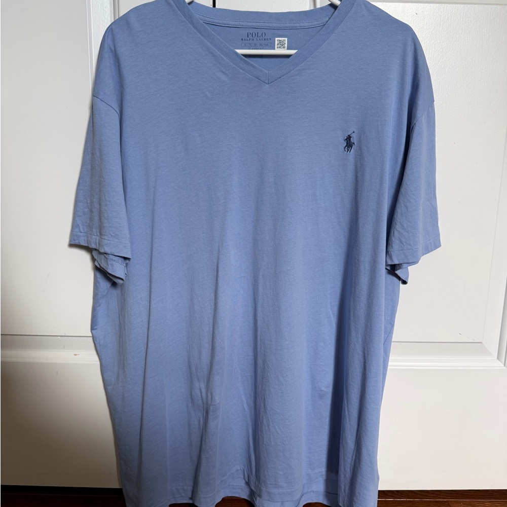 Polo by Ralph Lauren Men's Light Blue V-Neck Tee with Navy Pony